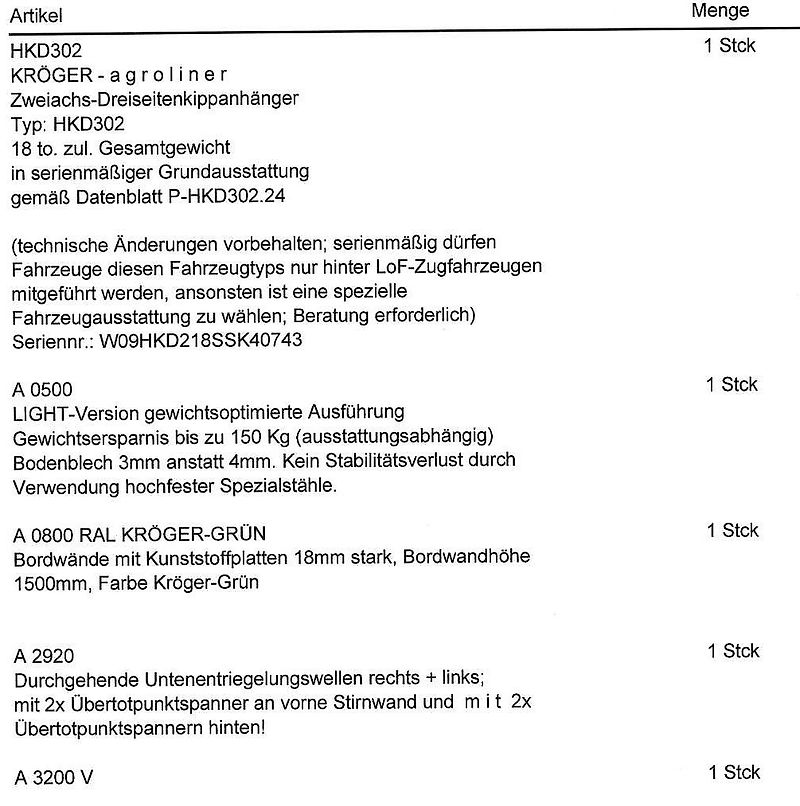 Kröger 18to 3 Schieber mit Kunststoffbordwand Interne Nr. 40744